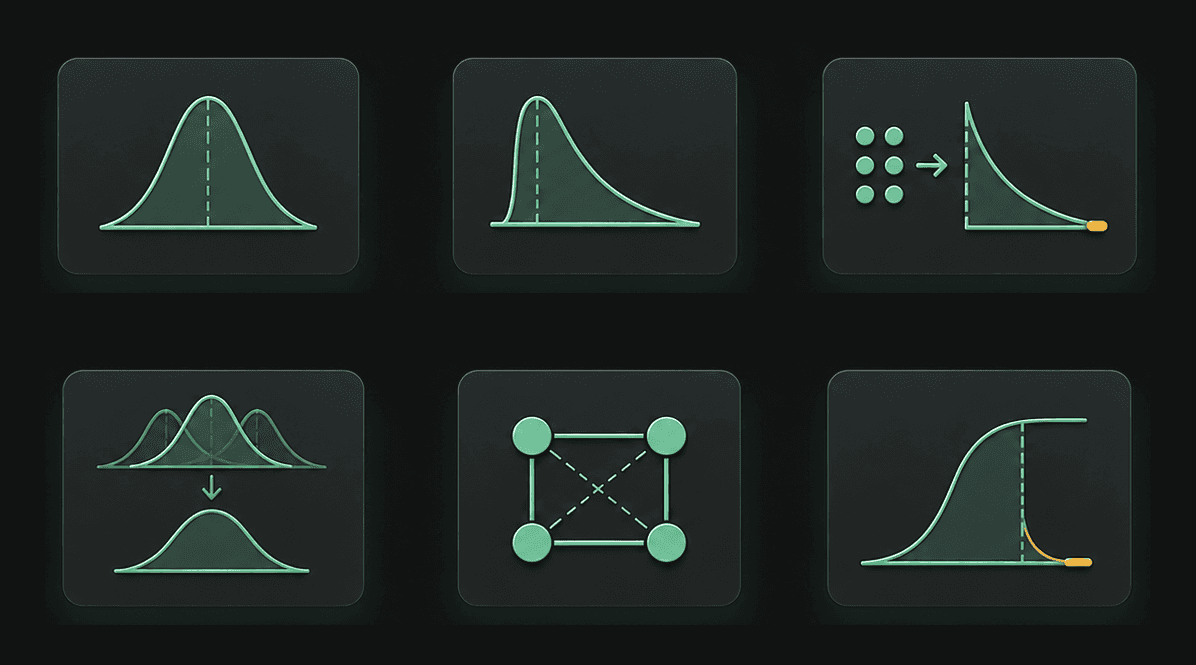 Six tiles showing distribution shapes: symmetric, right-skewed, a count process feeding a decay curve, several curves combining into one, a dependence network, and a long-tailed cumulative curve